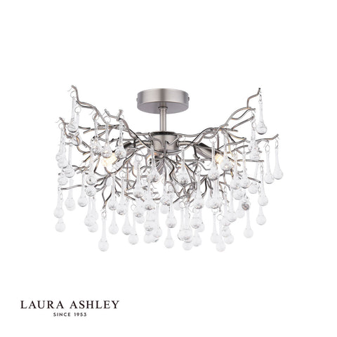 Laura Ashley Willow 3 Light Semi-Flush Satin Pewter and Crystal