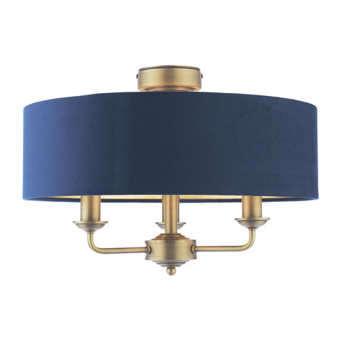 Laura Ashley Sorrento 3 Light Semi-Flush Matt Antique Brass With Blue Shade