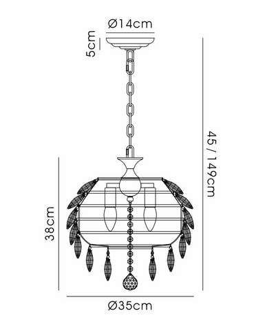 Coniston 35cm Pendant, 3 Light E14, Antique Brass/Crystal