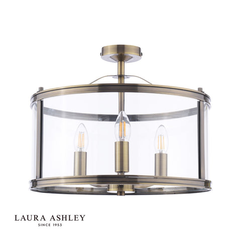 Laura Ashley Harrington 3 Light Semi-Flush Antique Brass and Glass