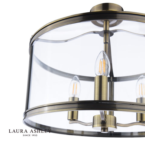 Laura Ashley Harrington 3 Light Semi-Flush Antique Brass and Glass