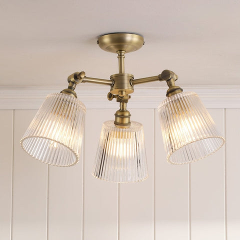 Laura Ashley Callaghan 3 Light Semi-Flush Matt Antique Brass and Ribbed Glass