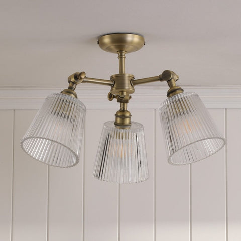 Laura Ashley Callaghan 3 Light Semi-Flush Matt Antique Brass and Ribbed Glass