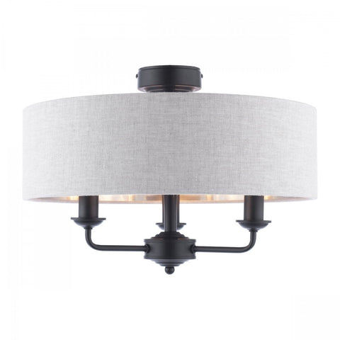 Laura Ashley Sorrento 3 Light Semi-Flush Matt Black With Natural Shade